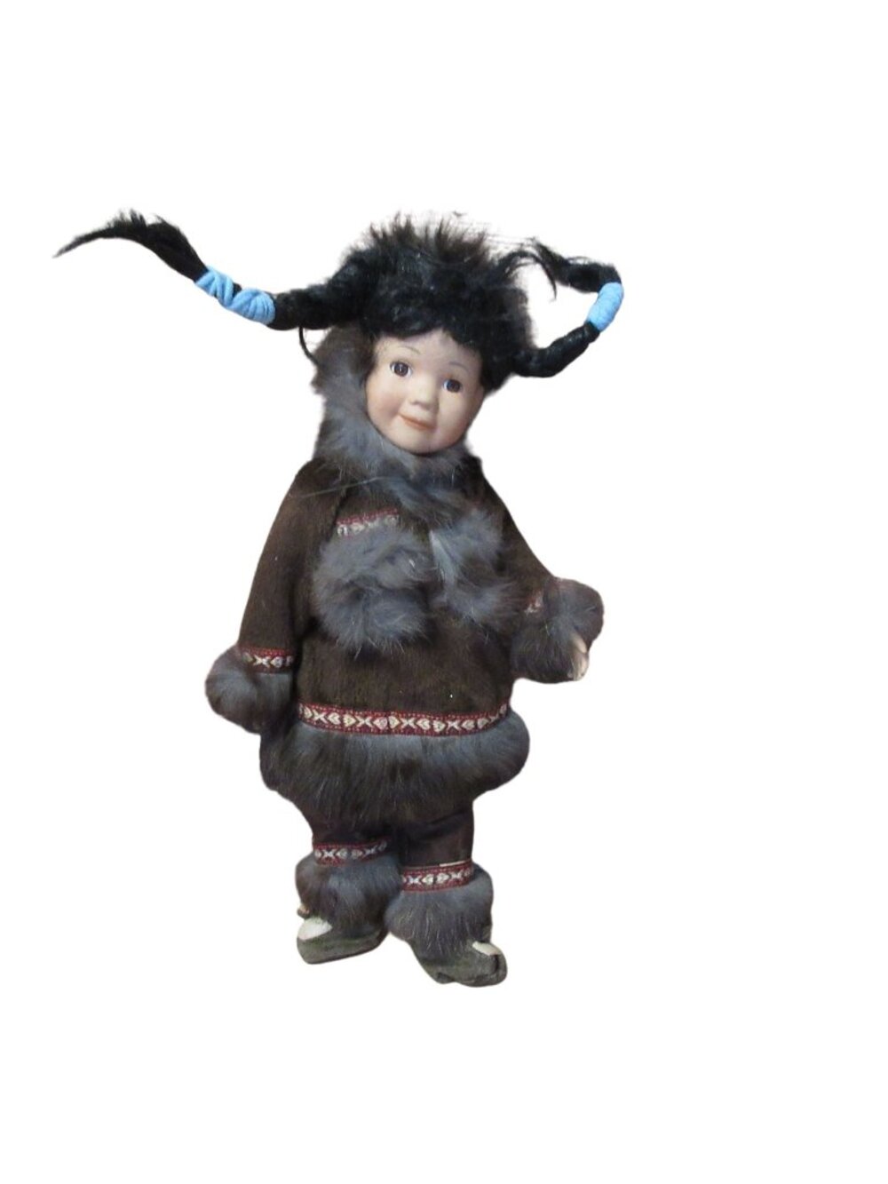 Vintage Native Indian Eskimo Doll Porcelain Head With Hooded Fur 13"